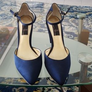 Glint satin navy pump with rhinestone detail